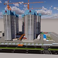 Construction Site With High Rise Buildings And Tower Cranes Under Urban Development