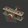 Vintage Biplane With Green Wings Red Circle Emblems And Spinning Propeller On Dark Background