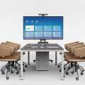 Modern Conference Table With Tan Office Chairs Large Screen Monitor And Papers On Surface