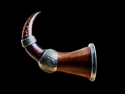 Carved Horn Shaped Wooden Ornament With Silver Metal Accents And Intricate Patterns 3d model