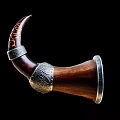 Carved Horn Shaped Wooden Ornament With Silver Metal Accents And Intricate Patterns
