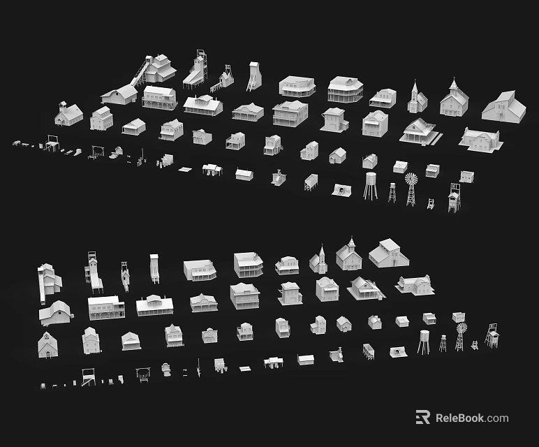 White Building Models On Black Background With Various House And Tower Designs 3d model 