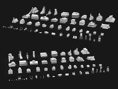 White Building Models On Black Background With Various House And Tower Designs 3d model