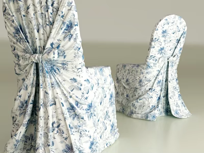 Elegant Blue and White Floral Pattern Dining Chairs with Decorative Fabric Tie Design 3d model