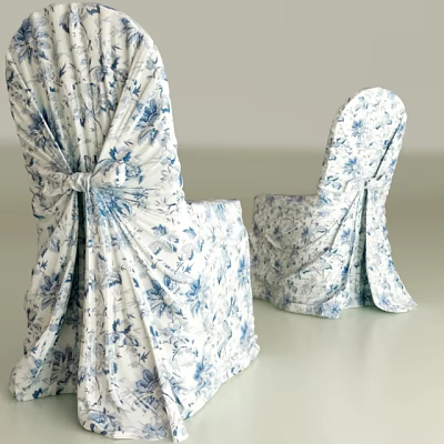 Elegant Blue and White Floral Pattern Dining Chairs with Decorative Fabric Tie Design 3d model