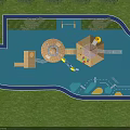 Wooden Kids Play Area With Slide Climbing Elements And Blue Floor On Green Lawn
