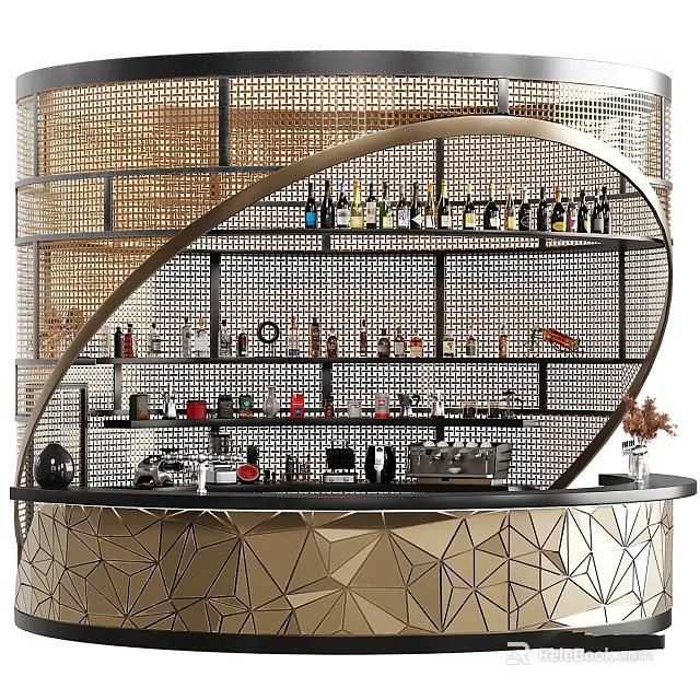 Modern Commercial Bar Equipment With Metal Mesh Shelves Bottles Coffee Machines And Geometric Counter 3d model 