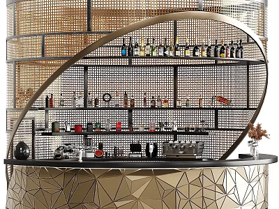 Modern Commercial Bar Equipment With Metal Mesh Shelves Bottles Coffee Machines And Geometric Counter 3d model