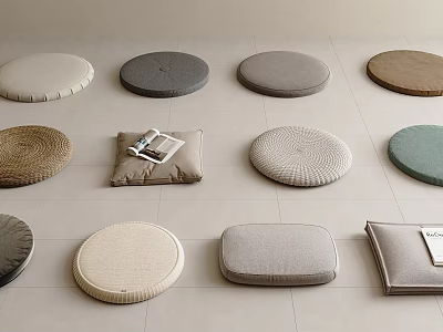 Various Colored Round And Square Cushions With Knitted Textures On Light Tile Floor With Magazine 3d model