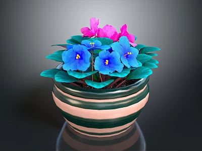 Potted Plant With Blue Purple And Pink Flowers Green Leaves In Striped Green Beige Pot 3d model