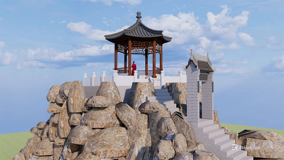 Traditional Chinese Pavilion On Rocky Mountain With Stone Steps And Blue Sky White Clouds 3d model 