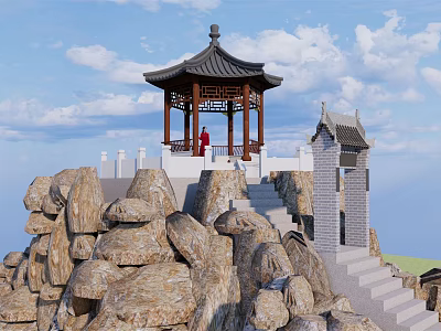 Traditional Chinese Pavilion On Rocky Mountain With Stone Steps And Blue Sky White Clouds 3d model