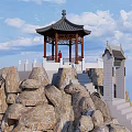 Traditional Chinese Pavilion On Rocky Mountain With Stone Steps And Blue Sky White Clouds