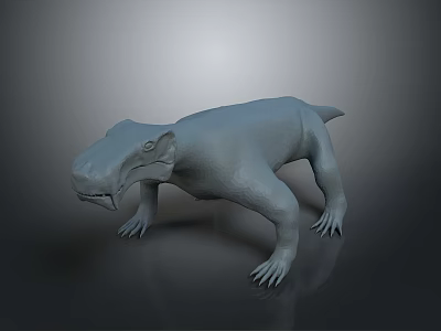 3D Model of Prehistoric Reptile Creature in Gray Standing Pose With Detailed Teeth And Claws 3d model