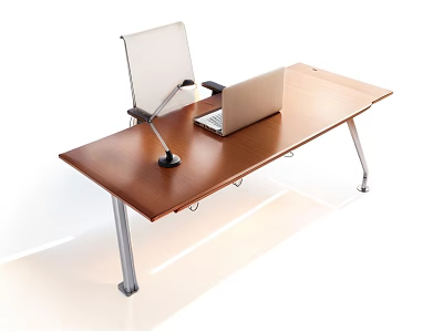 Modern Wooden Desk With Laptop Desk Lamp Metal Legs And White Chair 3d model