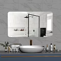 Modern Rectangular Bathroom Mirror Reflecting Shower Area White Tiles And Vanity Products 3d model