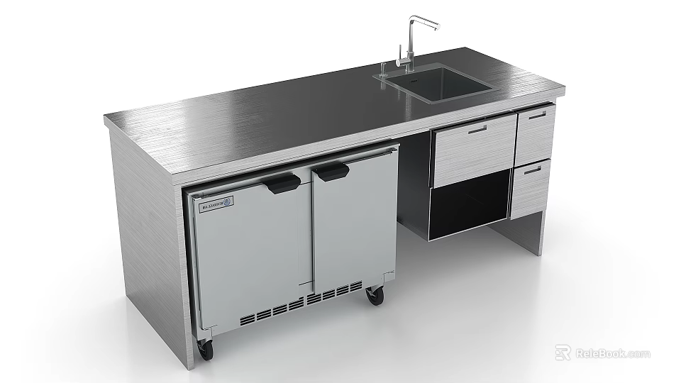 Commercial Stainless Steel Workbench With Sink Faucet Cabinets Drawers And Wheels 3d model 