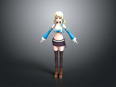 Anime Female Character With Blonde Hair Blue Top Brown Skirt Black Socks And Boots 3d model