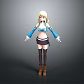 Anime Female Character With Blonde Hair Blue Top Brown Skirt Black Socks And Boots