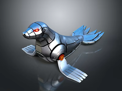 Mechanical Seal Robot Character With Silver Metal Body Red Glowing Eyes And Winged Fins 3d model