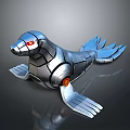Mechanical Seal Robot Character With Silver Metal Body Red Glowing Eyes And Winged Fins