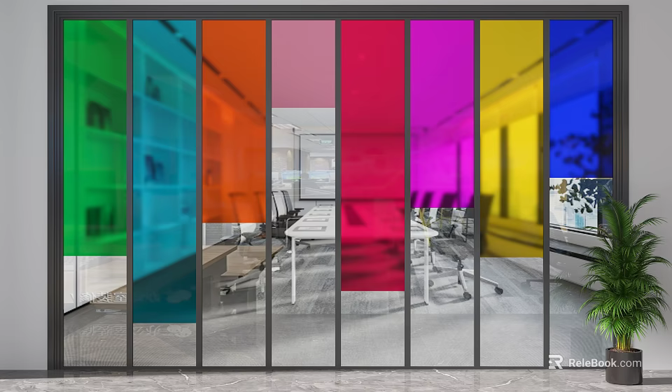 Colorful Glass Partition In Office Workspace With Multicolored Panels And Meeting Room Background 3d model 