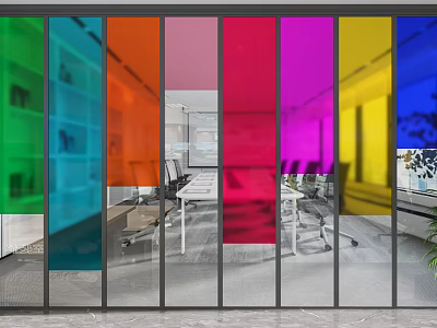 Colorful Glass Partition In Office Workspace With Multicolored Panels And Meeting Room Background 3d model