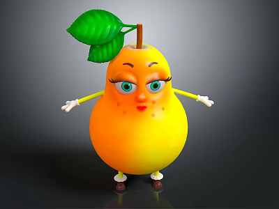 Cartoon Pear Character With Green Leaf Arms Legs And Big Eyes 3d model