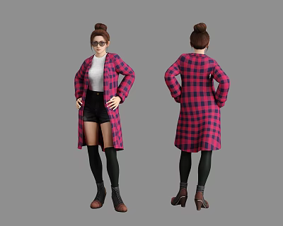 Woman In Red Black Plaid Long Coat White Top Black Shorts High Socks Bun Glasses 3d model