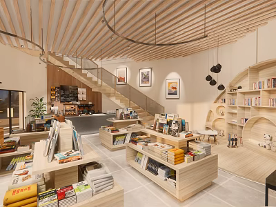 Book Art Styled Bookstore Interior With Wooden Shelves Staircase Art Prints And Books 3d model