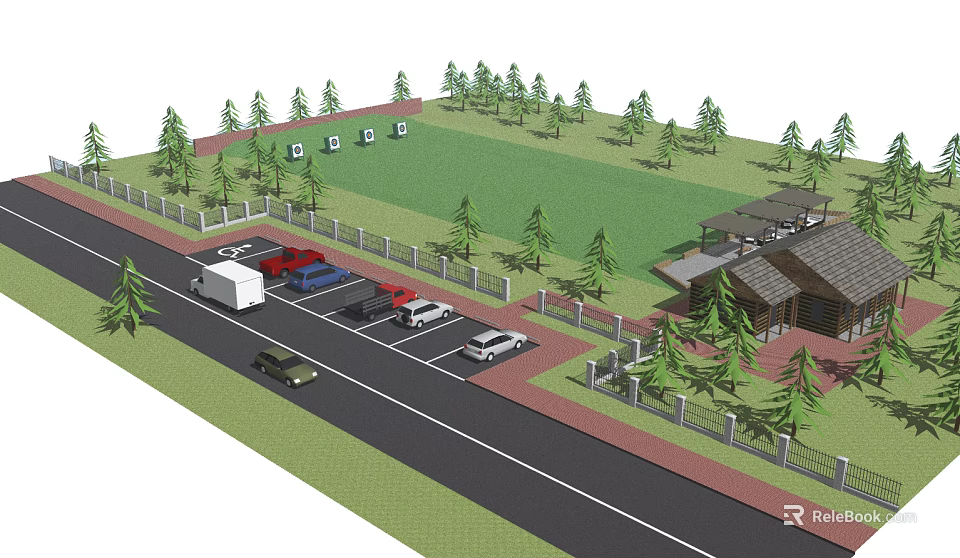 Scenic Outdoor Area With Parking Lot Cars Green Lawn Trees Fence And Building 3d model 