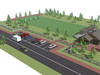 Scenic Outdoor Area With Parking Lot Cars Green Lawn Trees Fence And Building 3d model