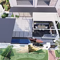 Modern Garden With Covered Patio Pool Bench Purple Flowers And Trees