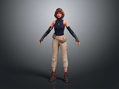 3D Female Character Model Wearing Dark Blue Sleeveless Top Beige Pants Brown Boots Arm Guards 3d model