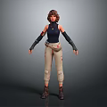 3D Female Character Model Wearing Dark Blue Sleeveless Top Beige Pants Brown Boots Arm Guards