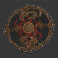 Ancient Decorative Shield with Intricate Dragon Patterns Red Gold Accents Brass Rivets Wooden Surface
