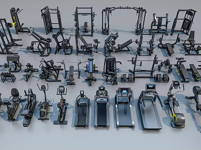 Fitness Equipment Collection Including Treadmills Weight Benches Dumbbells And Exercise Machines For Home Gym 3d model