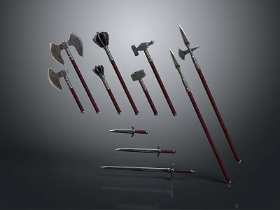 Ancient Fantasy Weapons Including Axes Hammers Spears Swords With Red Handles And Metal Heads 3d model