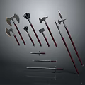 Ancient Fantasy Weapons Including Axes Hammers Spears Swords With Red Handles And Metal Heads