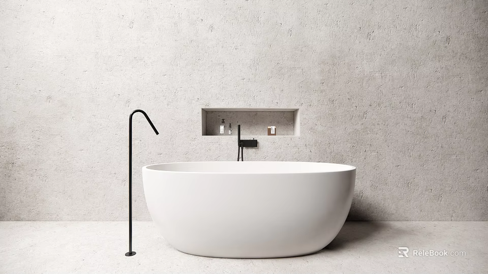 Modern Minimalist White Freestanding Bathtub with Black Faucet and Concrete Wall Niche 3d model 