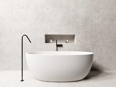 Modern Minimalist White Freestanding Bathtub with Black Faucet and Concrete Wall Niche 3d model