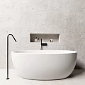 Modern Minimalist White Freestanding Bathtub with Black Faucet and Concrete Wall Niche