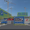 Construction Site with Green Buildings Tower Cranes and Henan Construction Blue Entrance Gate
