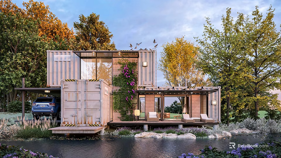Garden Landscape With Container House Outdoor Greenery Waterfront Seating And Natural Trees 3d model 