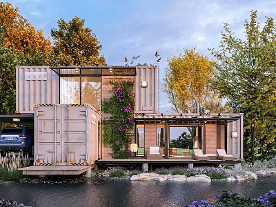 Garden Landscape With Container House Outdoor Greenery Waterfront Seating And Natural Trees 3d model