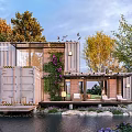 Garden Landscape With Container House Outdoor Greenery Waterfront Seating And Natural Trees