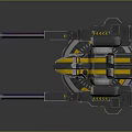 Futuristic Dual Barrel Weapon With Black Yellow Purple Orange Stripes Warning Stripes And Circular Base
