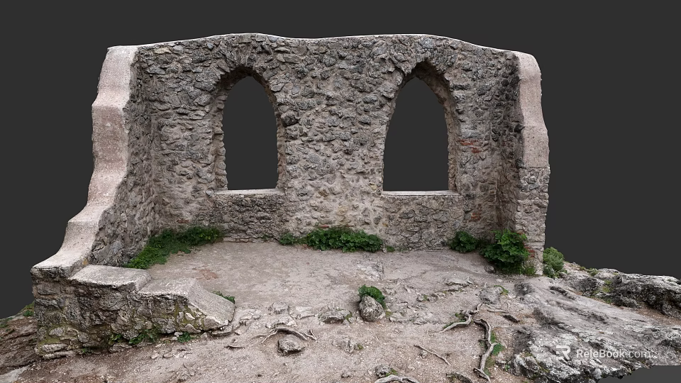 Ancient Stone Structure With Arched Windows And Wild Grass In Garden Landscape 3d model 