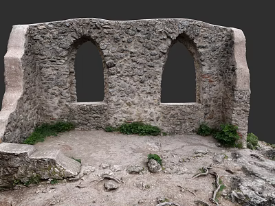 Ancient Stone Structure With Arched Windows And Wild Grass In Garden Landscape 3d model