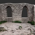 Ancient Stone Structure With Arched Windows And Wild Grass In Garden Landscape